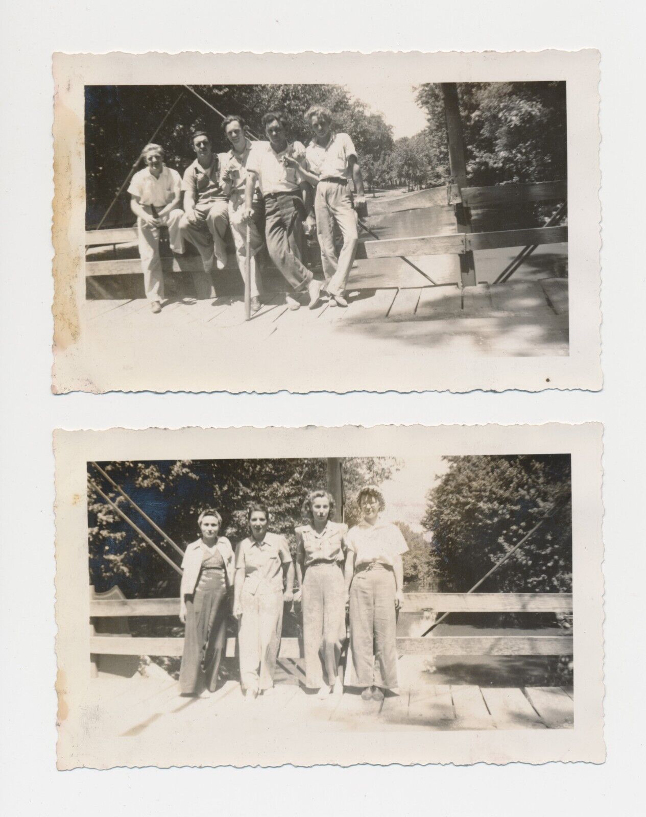 Lot of 2 Vtg 1930s Snapshot Photos Group of Men & Women on Bridge Baseball Beer