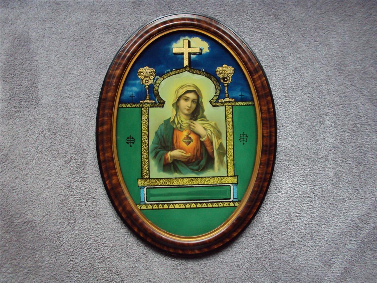 REVERSE PAINTED ON GLASS OVAL FRAMED CHROMOLITHOGRAPH MADONNA SACRED HEART