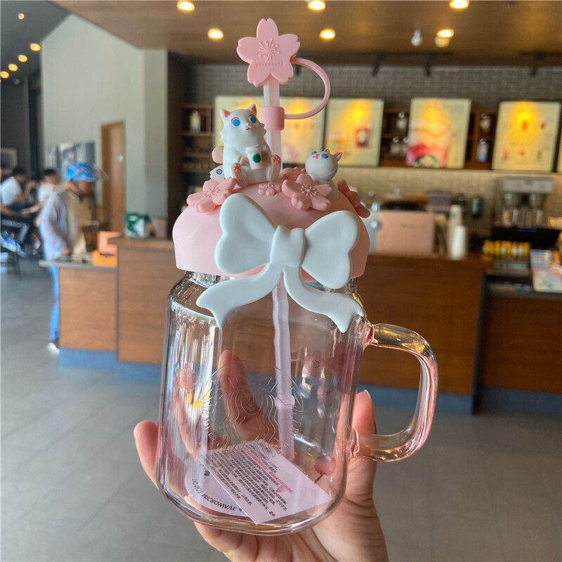Starbucks Pink Sakura Cat Straw Cup + Cherry Blossom Topper Glass Bottle Tumbler