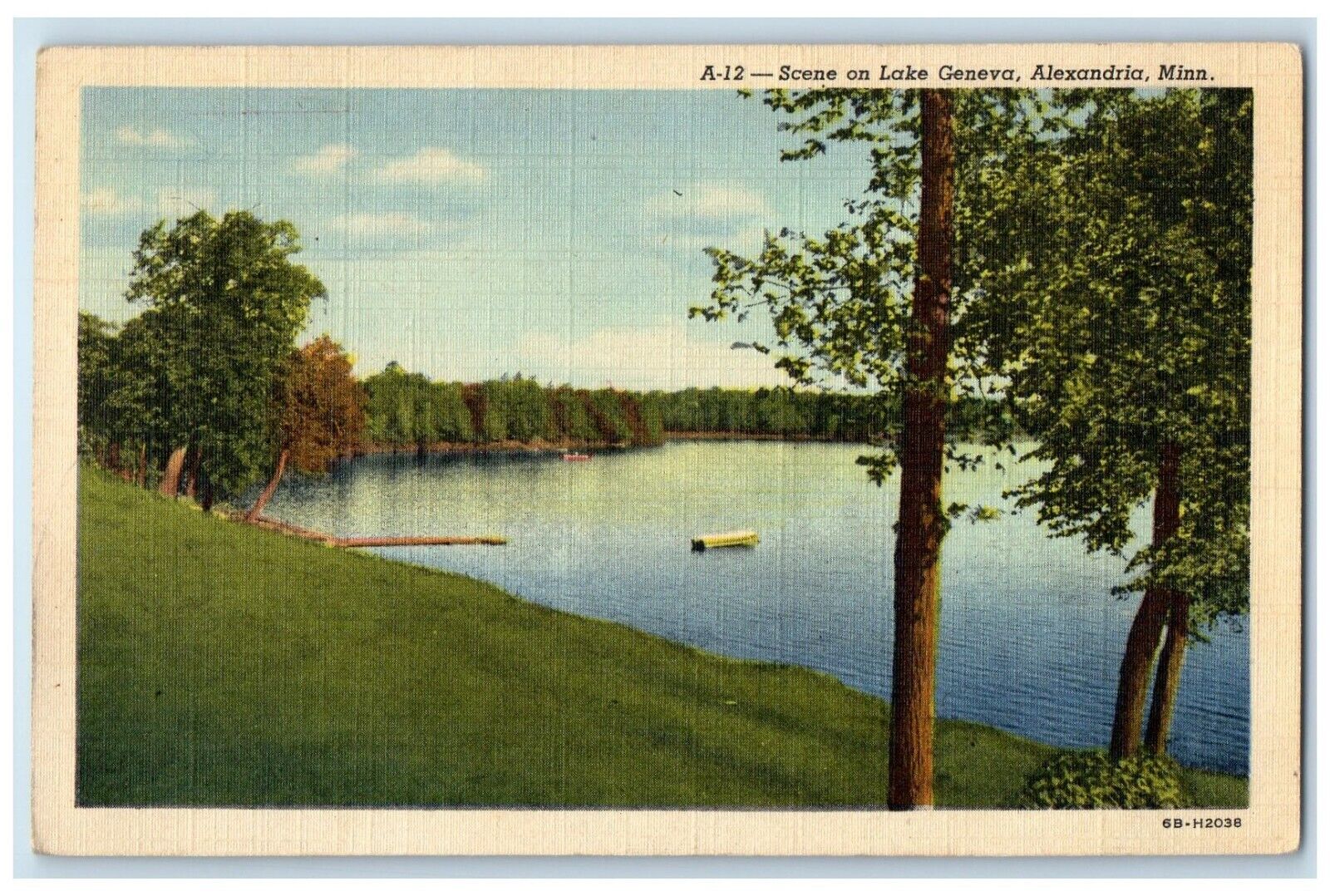 1948 Scene Lake Geneva Boat Trees Grass Alexandria Minnesota MN Antique Postcard