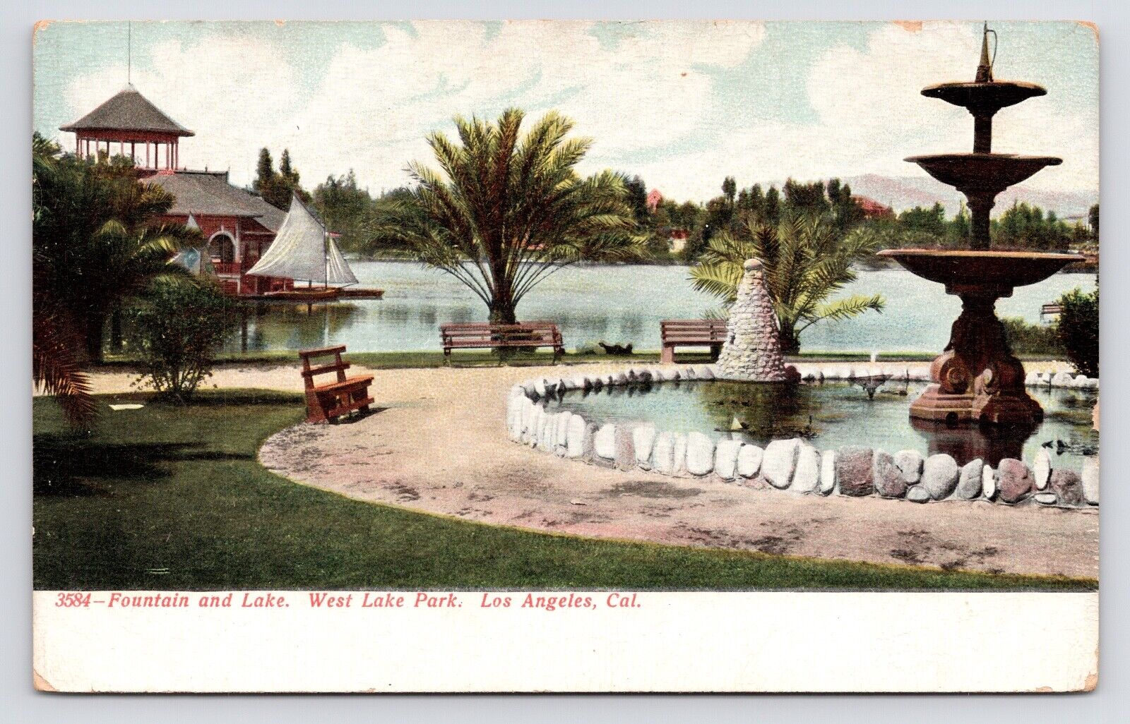 1905~West Lake Park~Los Angeles California CA~Fountain~Sailboat~Antique Postcard