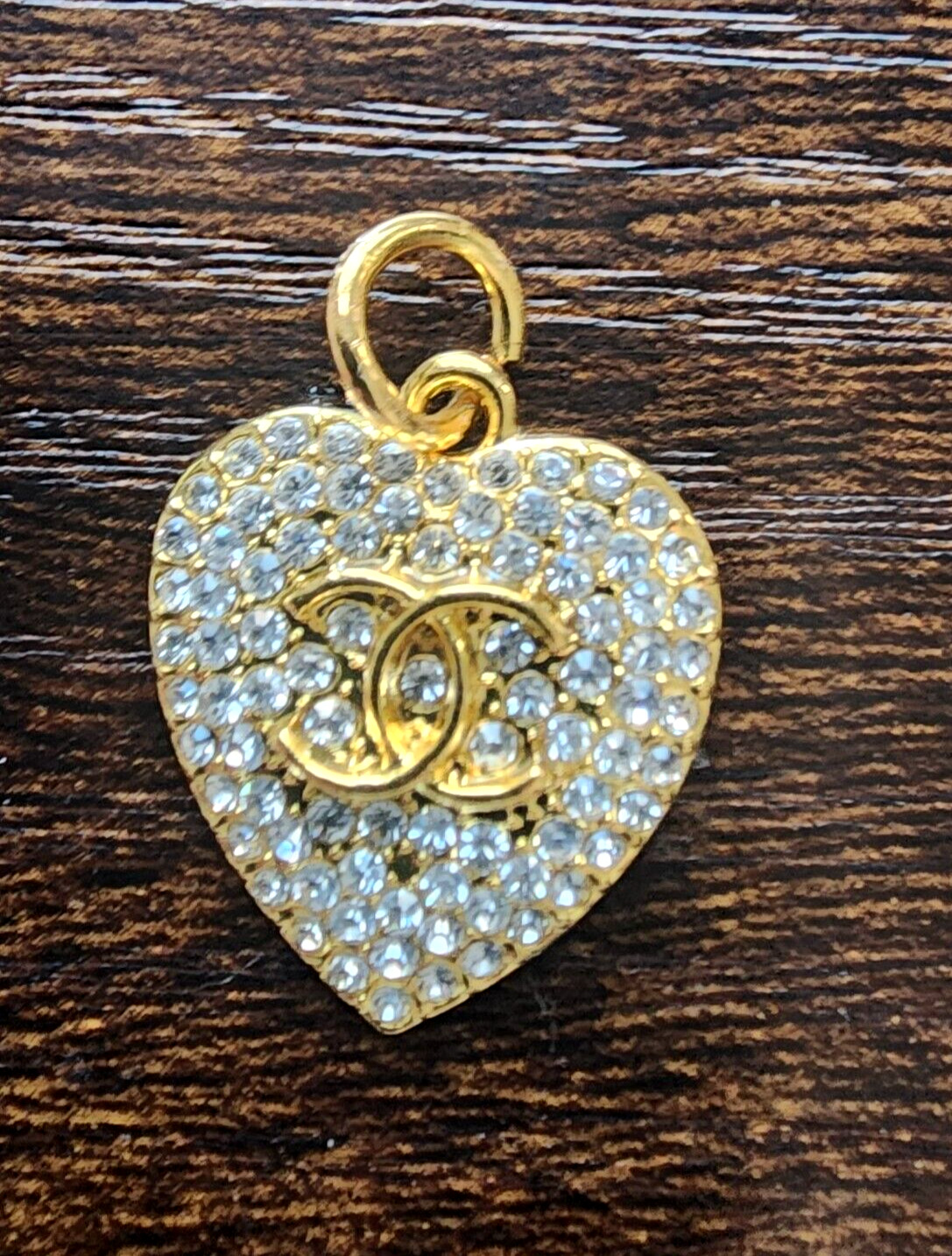 Authentic Chanel Gold Toned Rhinestones Heart 21 mm 1 Pc RARE