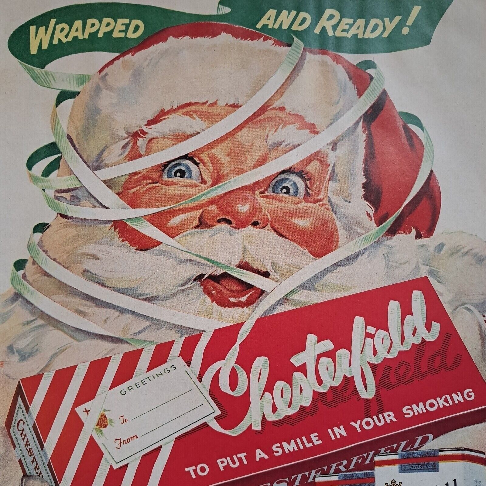 1955 Print Ad CHESTERFIELD SANTA SMOKING WRAPPED AND READY MADE WITH ACCURAY PG1