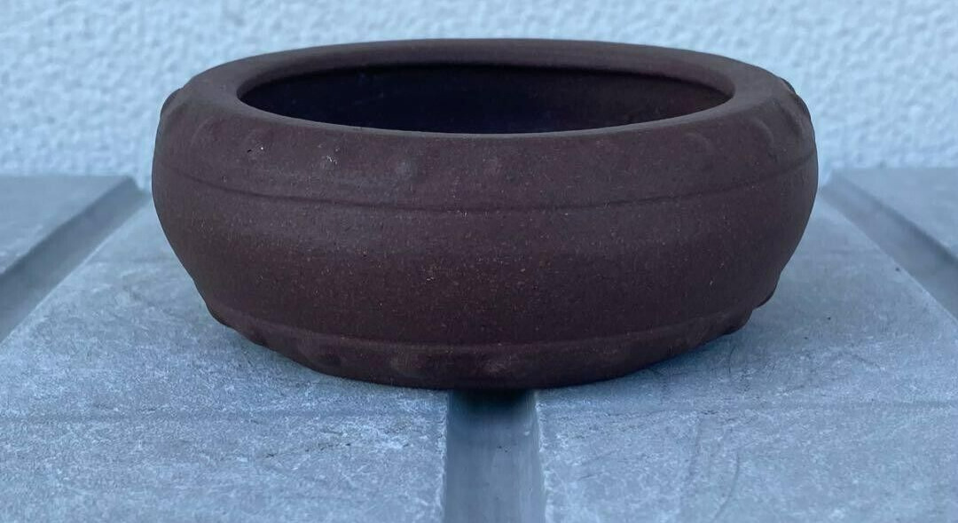 Vintage Japanese Tokoname Ware Bonsai Pot Round Circle Signed Yamaaki W:4.1in