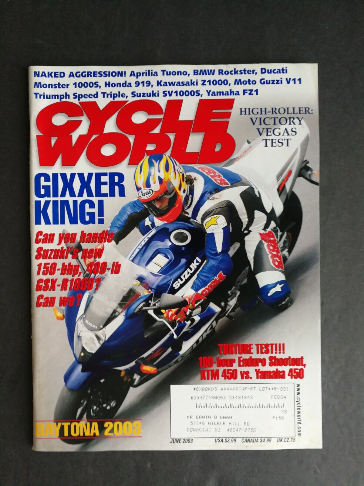 Cycle World Magazine June 2003 KTM 450 vs Yamaha 450  Suzuki GSX-R1000 - 223