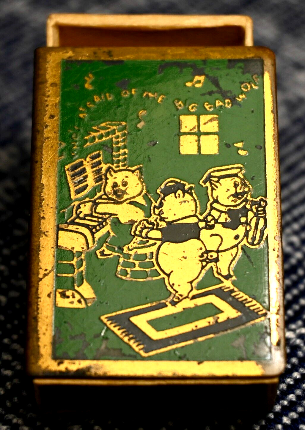 Rare Find 1933 Antique Disney Metal Matchbox with real wood. Big Bad wolf Motif.