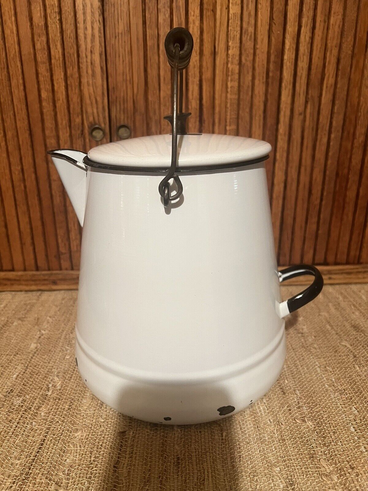 Large Vintage White Enamelware Cowboy Coffee Pot Kettle w/ Drainage for Planter