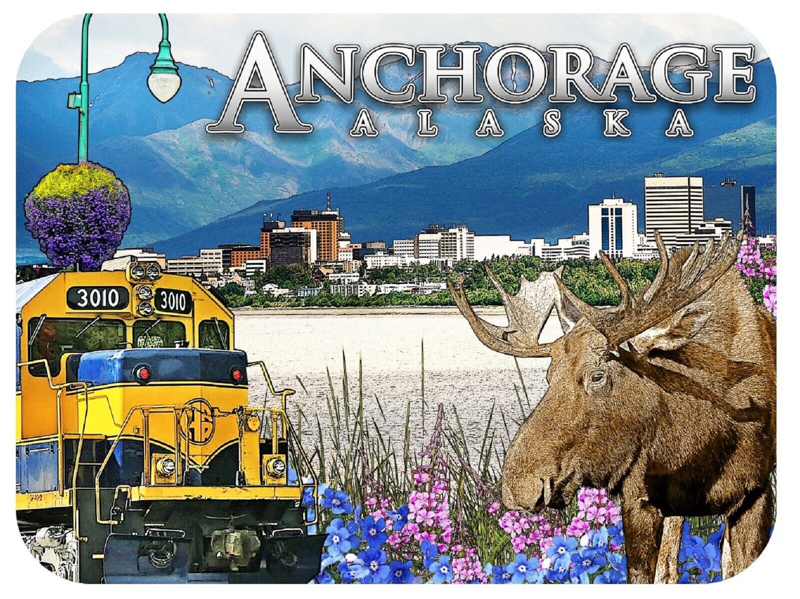 Anchorage Alaska with Moose and Train Cityscape Fridge Magnet