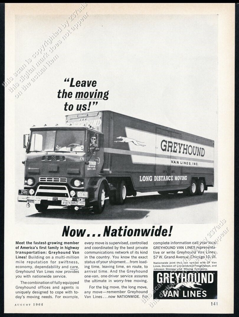 1962 Greyhound Bus Lines moving van semi truck photo vintage print ad