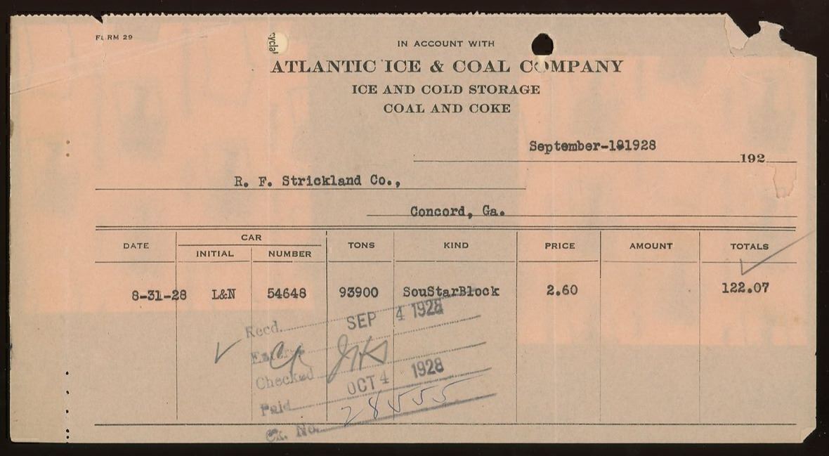 1928 Atlantic Ice & Coal Company Coal and Coke September 1928 Invoice A59