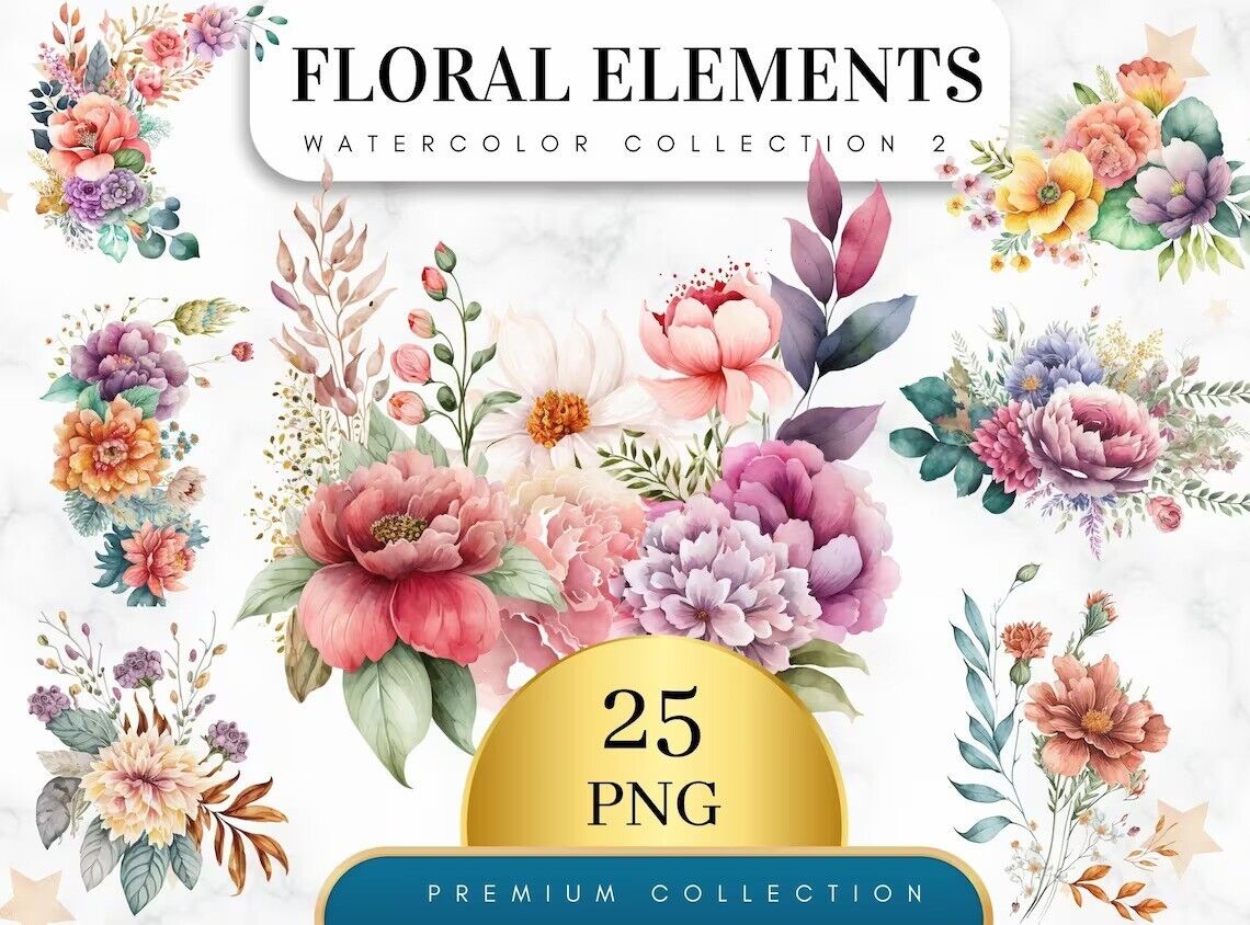 Watercolour Floral Elements Flowers Clipart Collection Bundle Craft Digital PNG