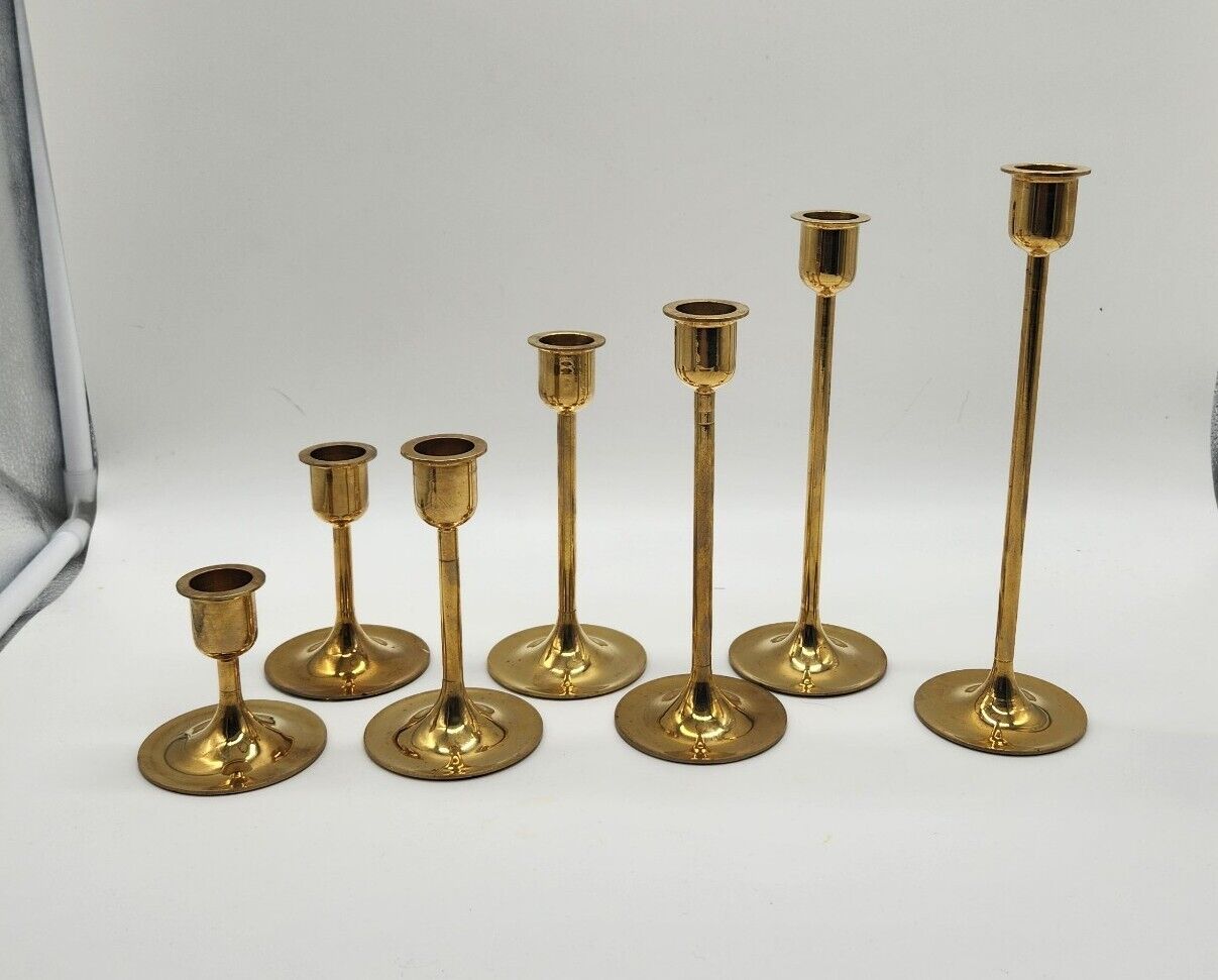 Vintage Lot of 7 Thailand Made Gradually Sized Brass Candlestick Holders Preown