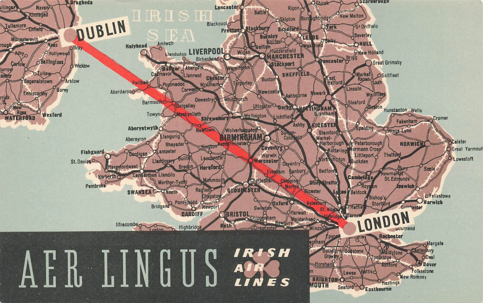 AER LINGUS Advertising Map Dublin to London Irish Air Lines Postcard