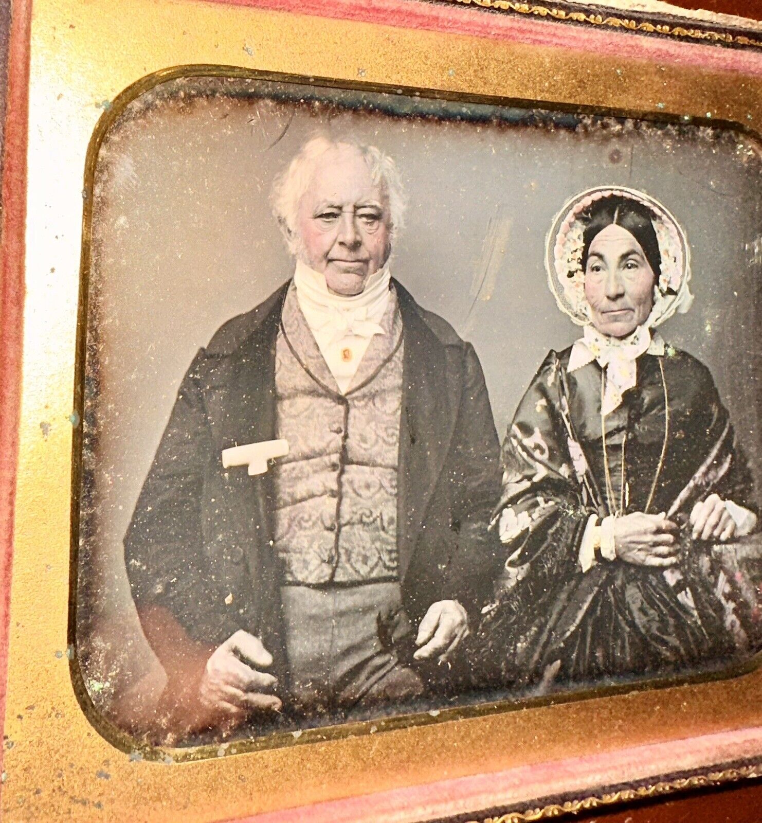 6x4 Half Plate Daguerreotype Photo Older Distinguished Man & Wife, Tinted Bonnet