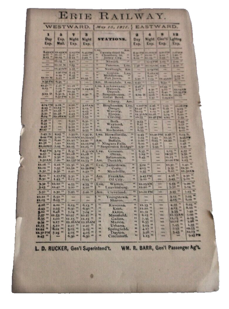 MAY 1871 ERIE RAILWAY PUBLIC TIMETABLE