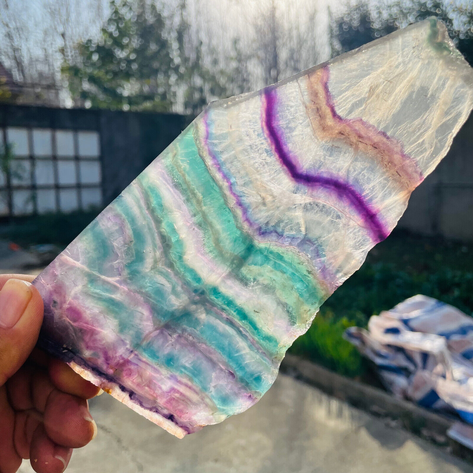 435g Natural Clear Rainbow Fluorite Slice Crystal Mineral Specimen Healing