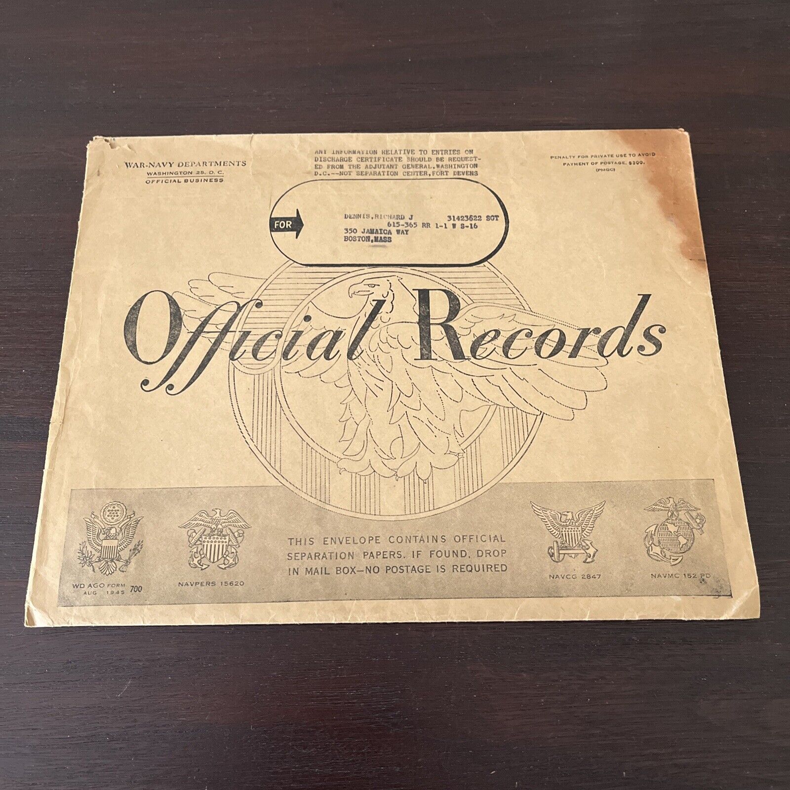 Vtg Official Records Envelope War Navy Department Official Business 1945 WWII