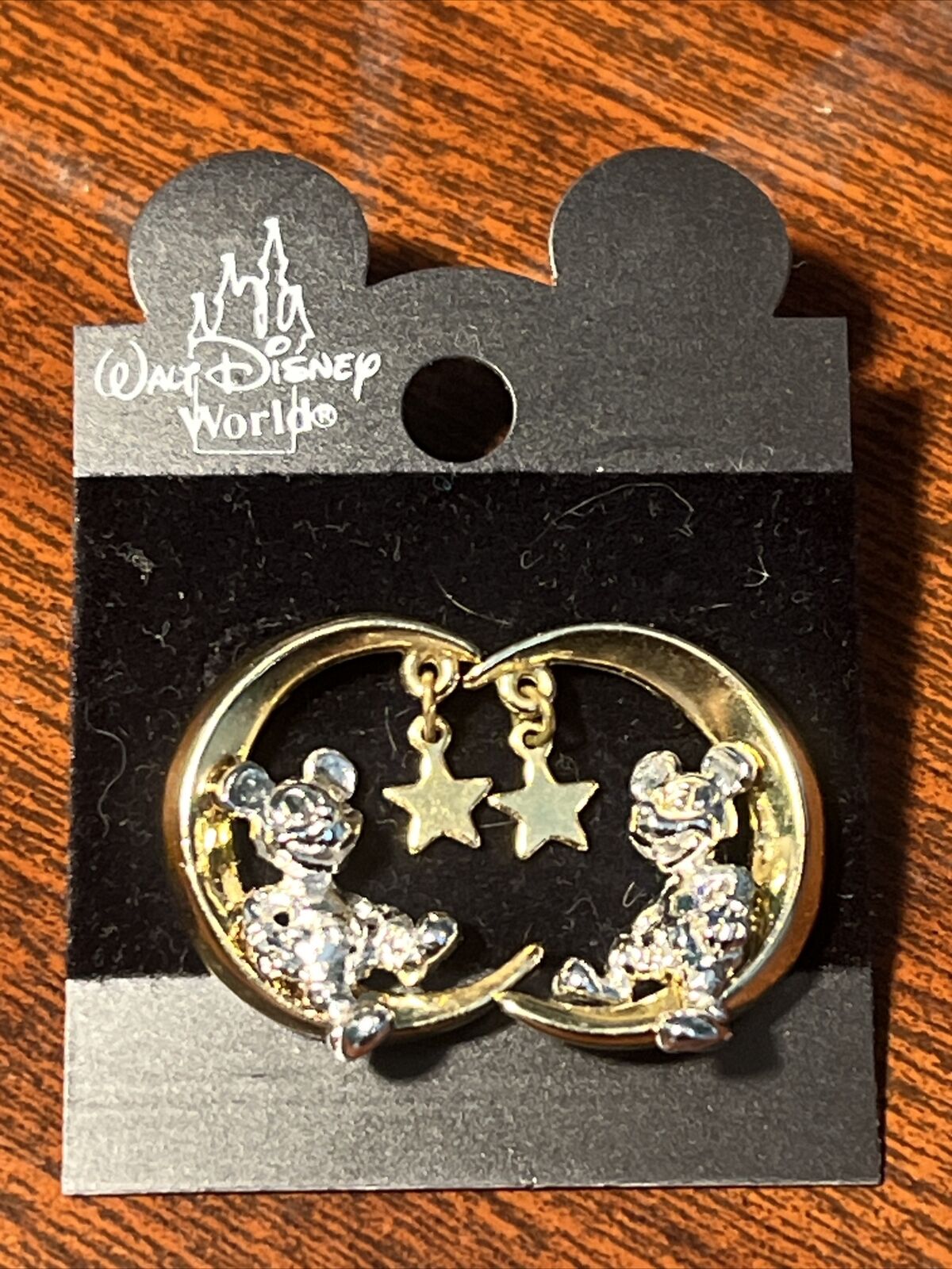 NEW Vintage Disney Gold Tone/Silver Tone Mickey Mouse On Crescent Moon Earrings