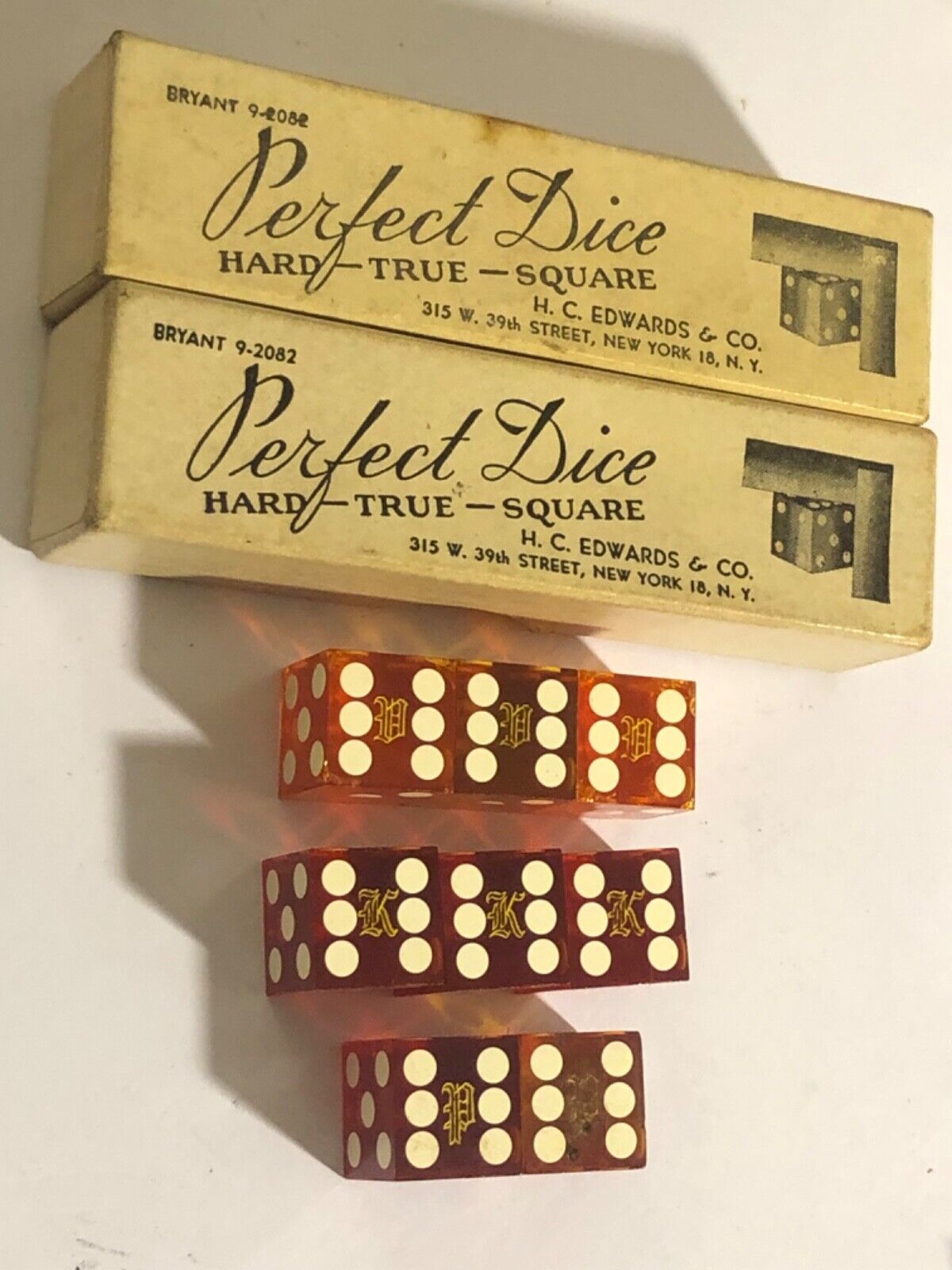 Old private clubdice with two Bryant Perfect Dice boxes 071023bADZII