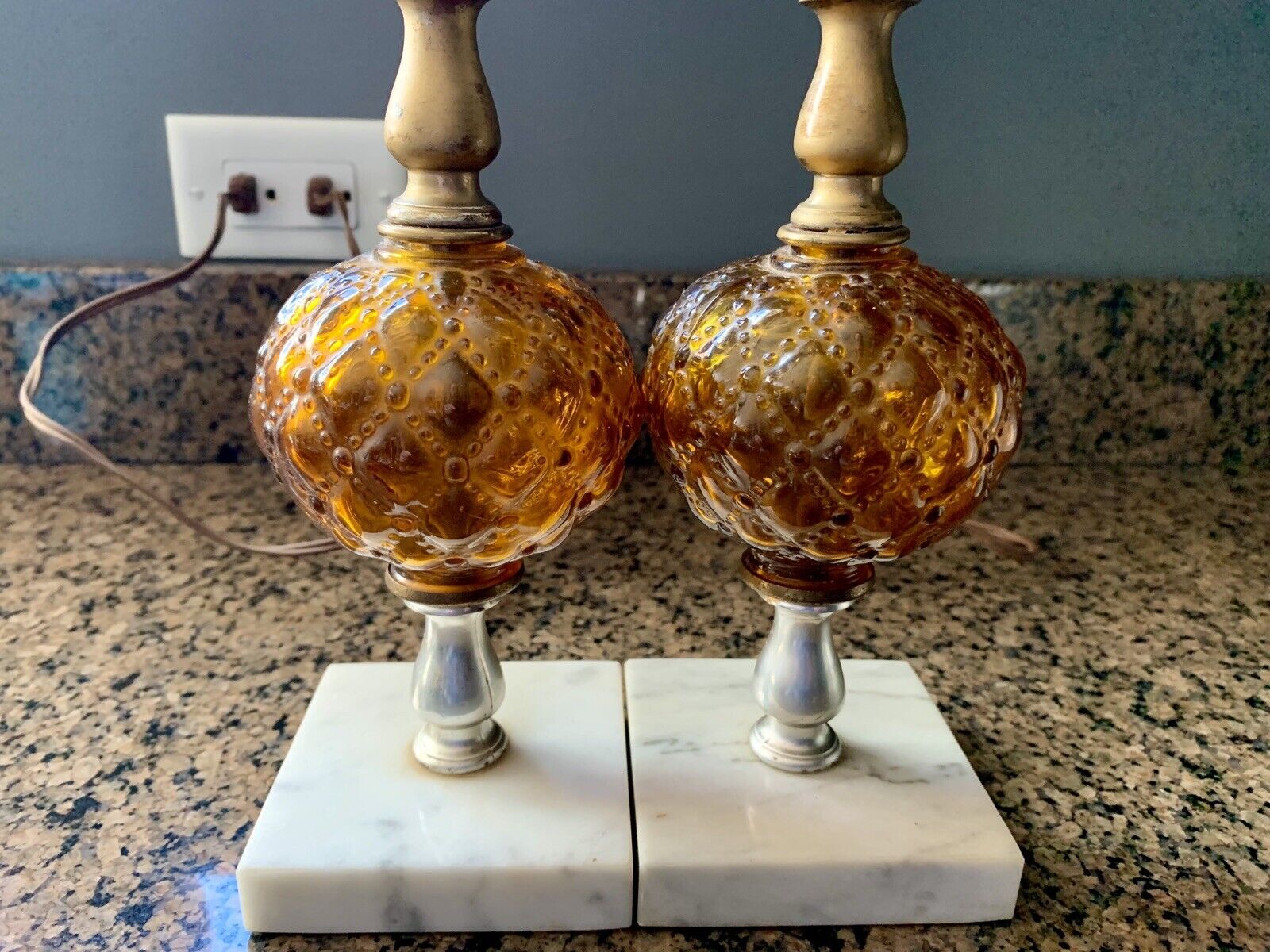 Vintage MCM Pair Of Lamps With Marble Base And Amber Glass Orbs