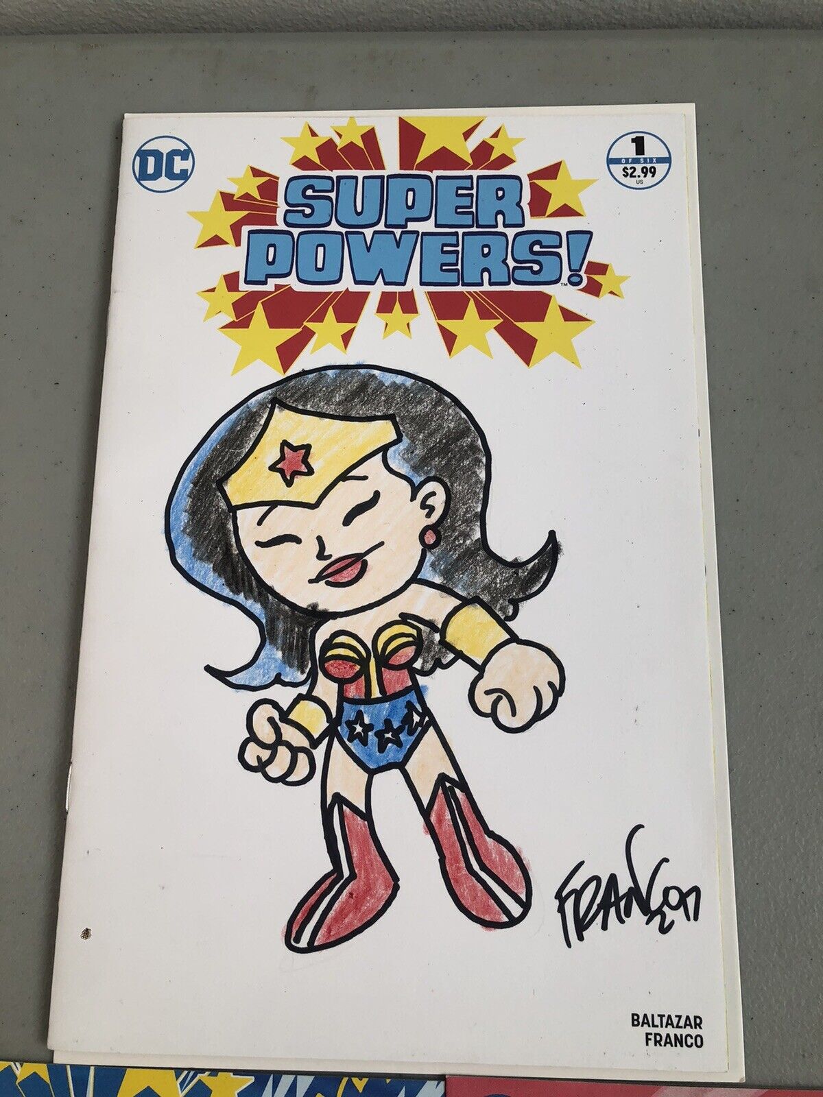Wonder Woman Super Powers Comic Cover Crayon Color Art Drawing Signed By Franco