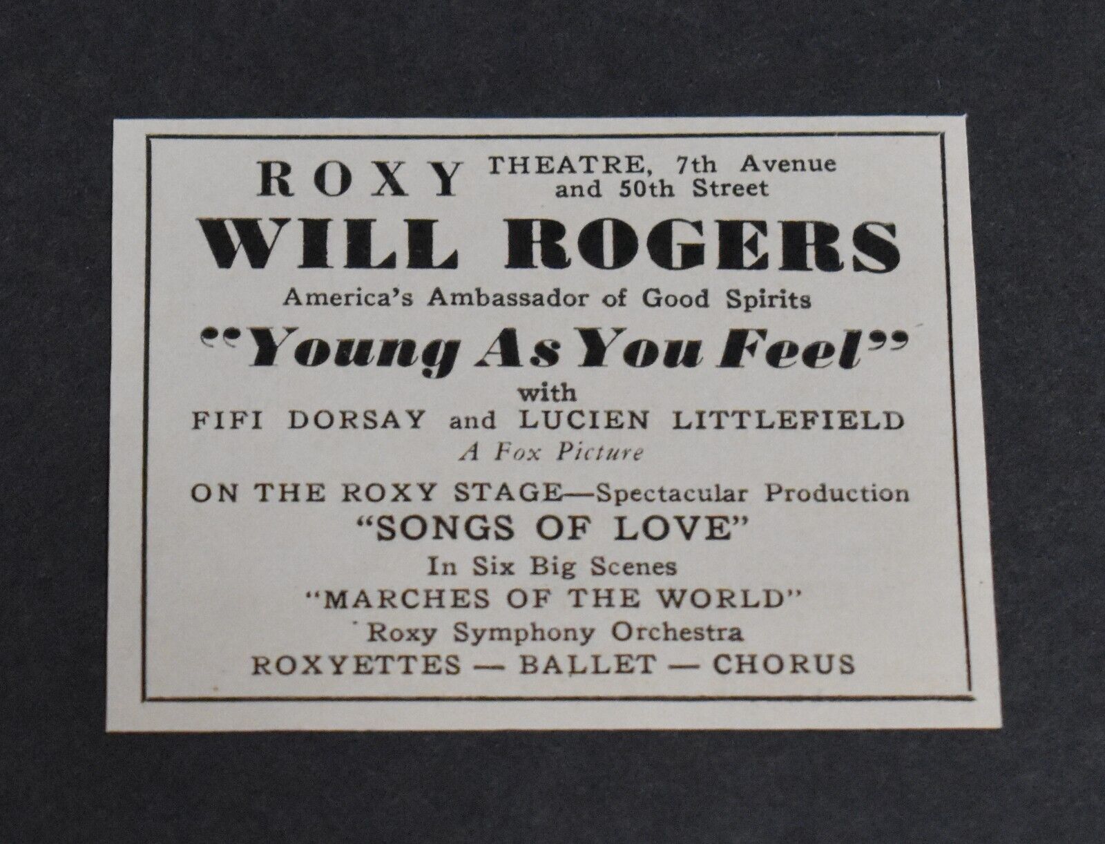 1931 Print Ad New York Roxy Theatre Will Rogers Fifi Dorsay Lucien Littlefield