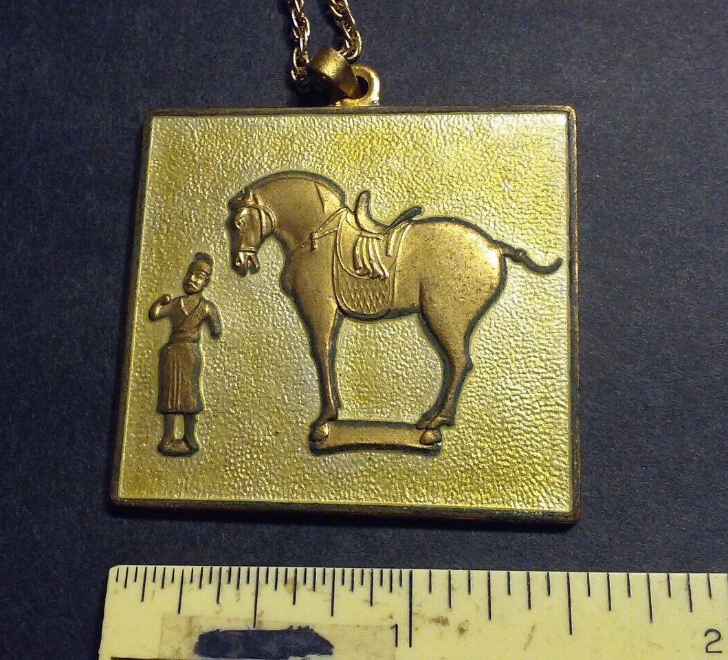 Vintage 1971 Chinese Yellow / Golden Horse & Man Figure Square Pendant & Chain