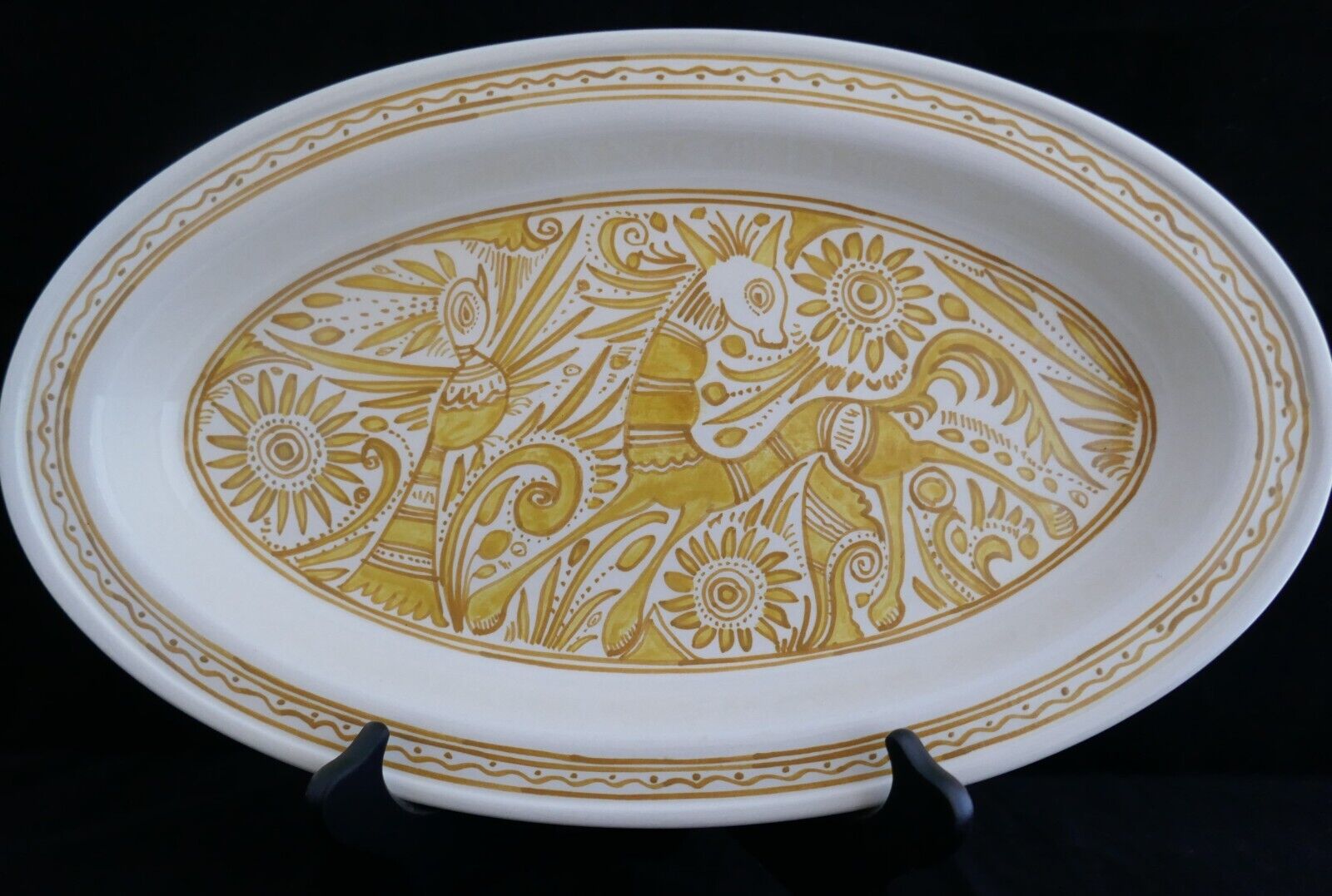 Mid Century MCM Felix Tissot Taxco Ceramic Yellow Cream Handmade Oval Bowl