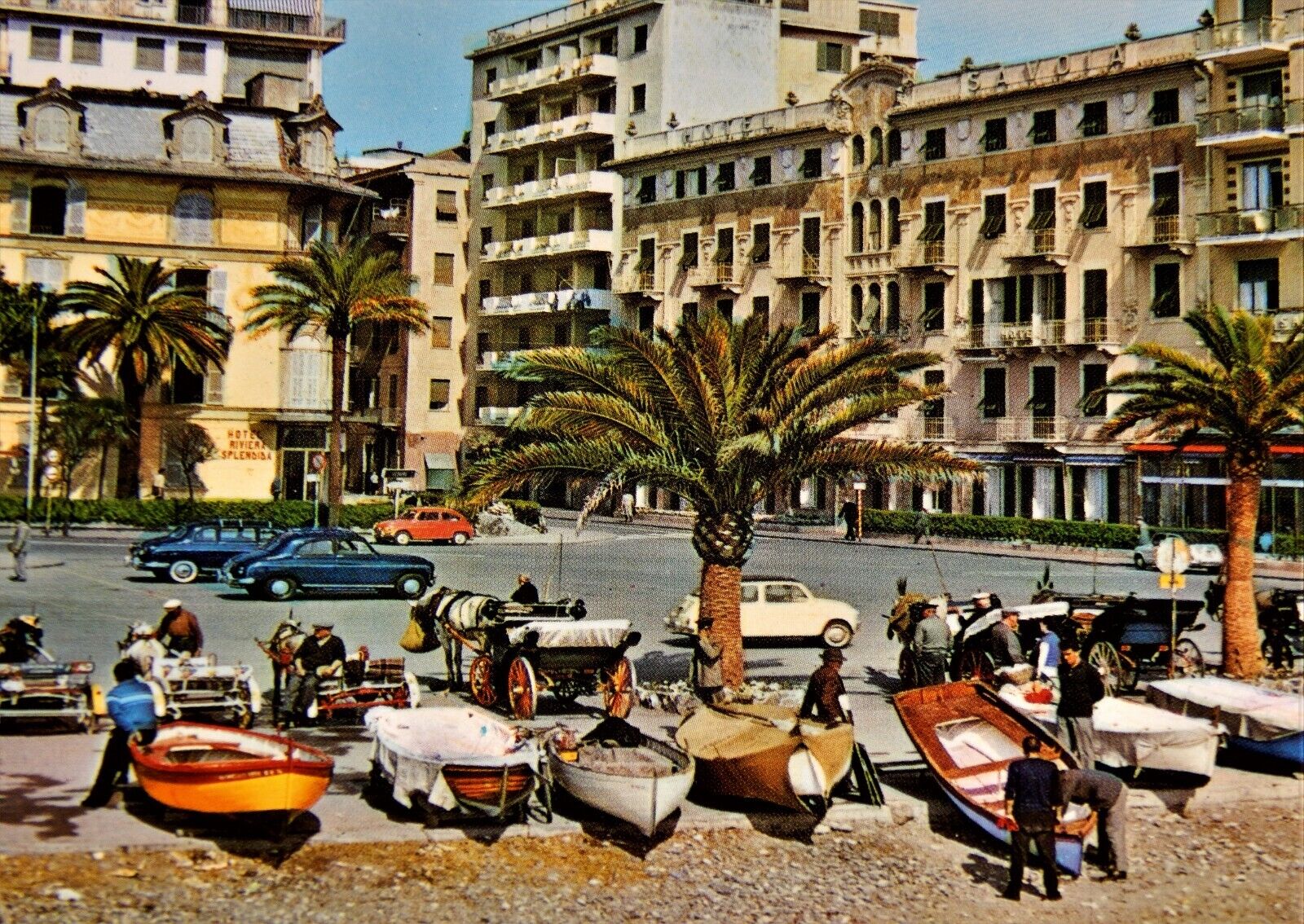 Vintage Postcard, RAPALLO, ITALY, RPPC, Hotel Savoia & Fishing Boats,Horse,Wagon
