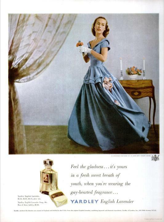 1948 Yardley PRINT AD English Lavender Fragrance Fashion Lady in Beautiful Dress