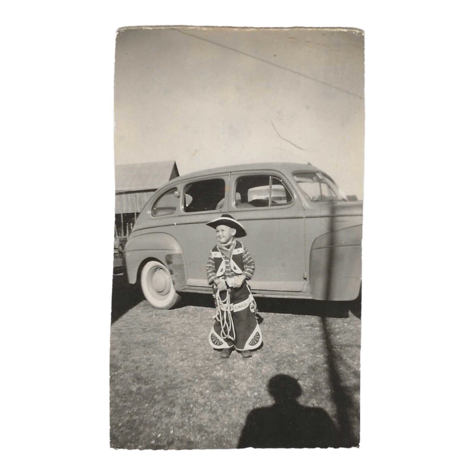 Vintage Snapshot Photo 1940s Cowboy Costume Photographer Shadow Classic Car