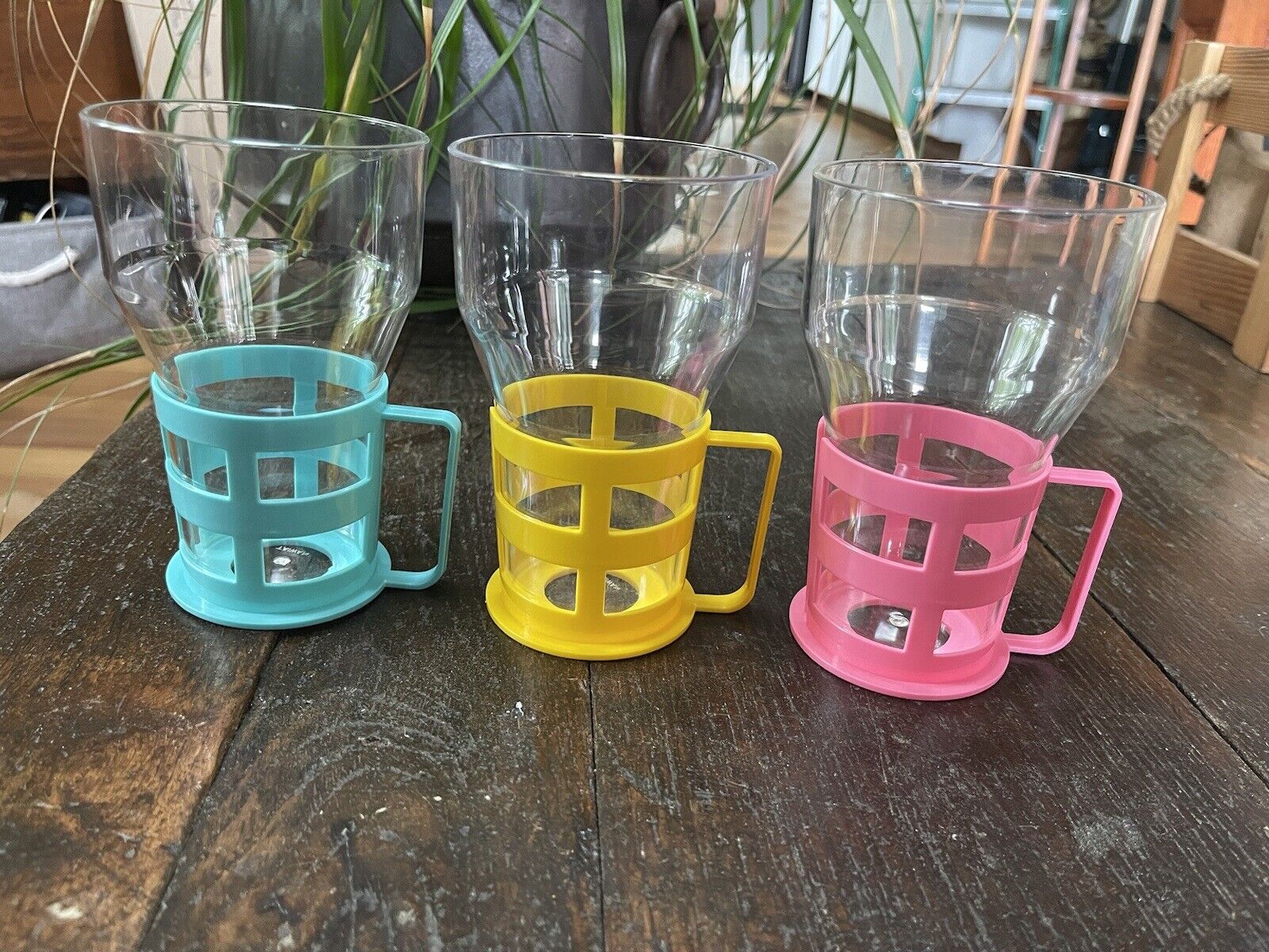 Vintage 70s Plastic Mugs Cups w/ Removable Handles Pastel Pink Turquoise Yellow