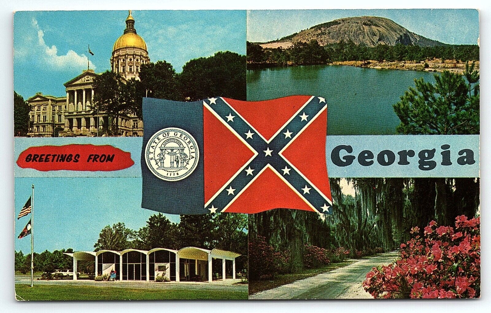 c1960 GREETINGS FROM GEORGIA STONE MOUNTAIN STATE FLAG CAPITOL POSTCARD P4373