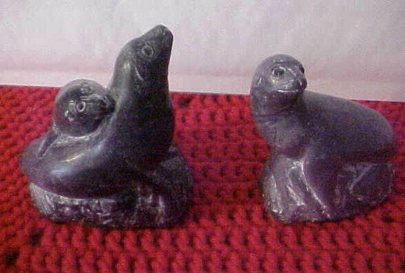 Vintage Wolf Original Soapstone Sculptures (2) - Seals - Canada