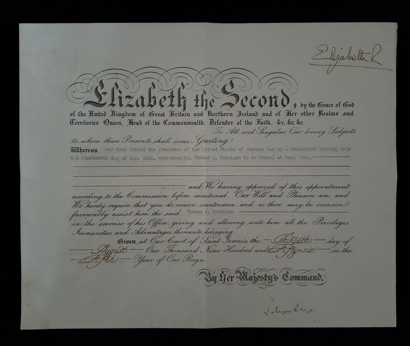 1956 Queen Elizabeth II Signed Royal Presentation Document Royalty Cipher Arms