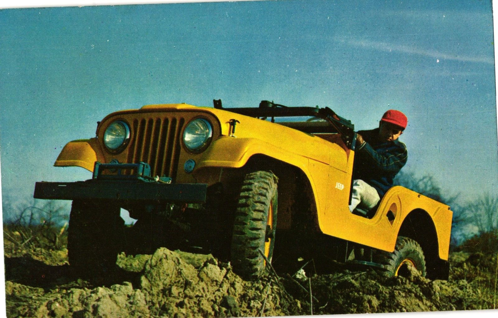 Jeep Model CJ-5 Man Driving Chrome Unposted Postcard 1950s