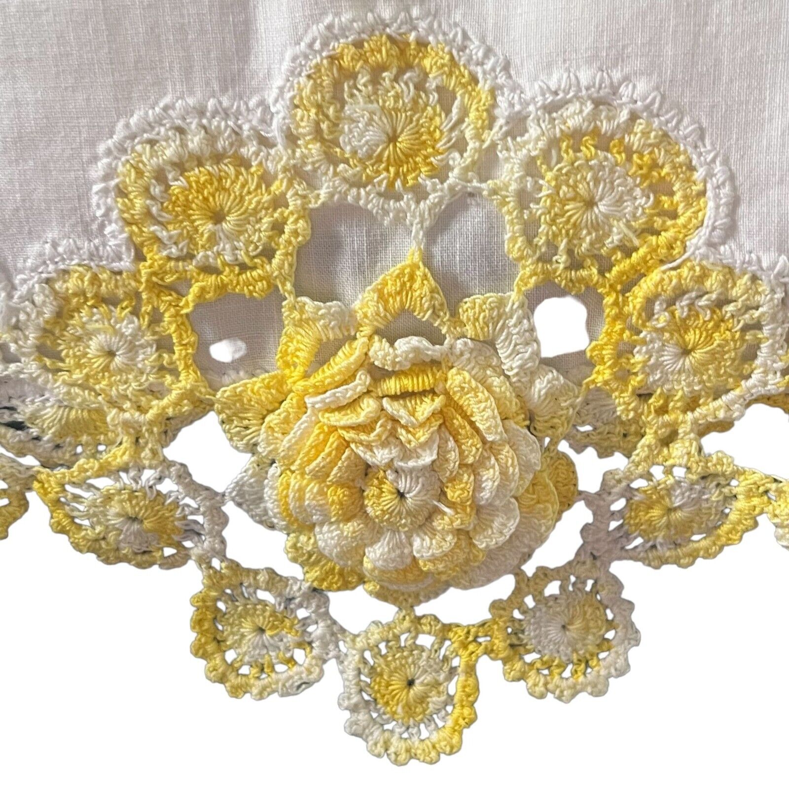 Vintage Crocheted King White Pillowcase Yellow Floral Design at pillow insert