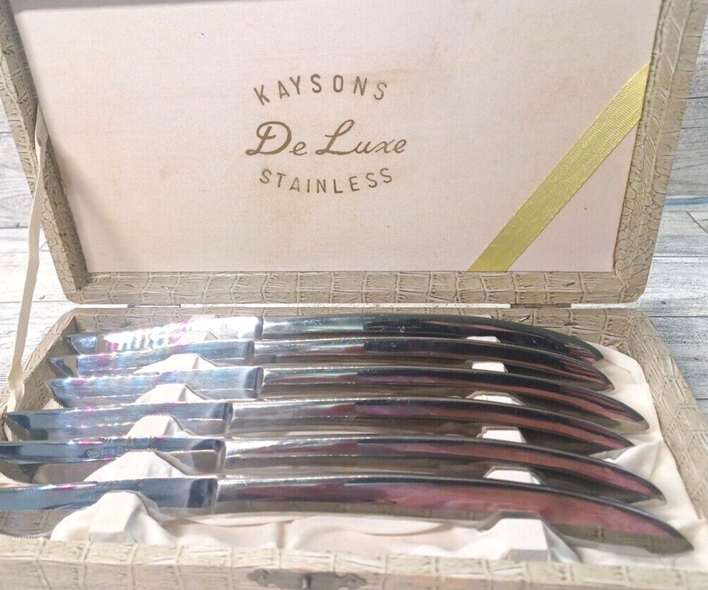 Vintage Kaysons De Luxe Stainless Knife Set of 6 Curved Handle box MCM Sleek