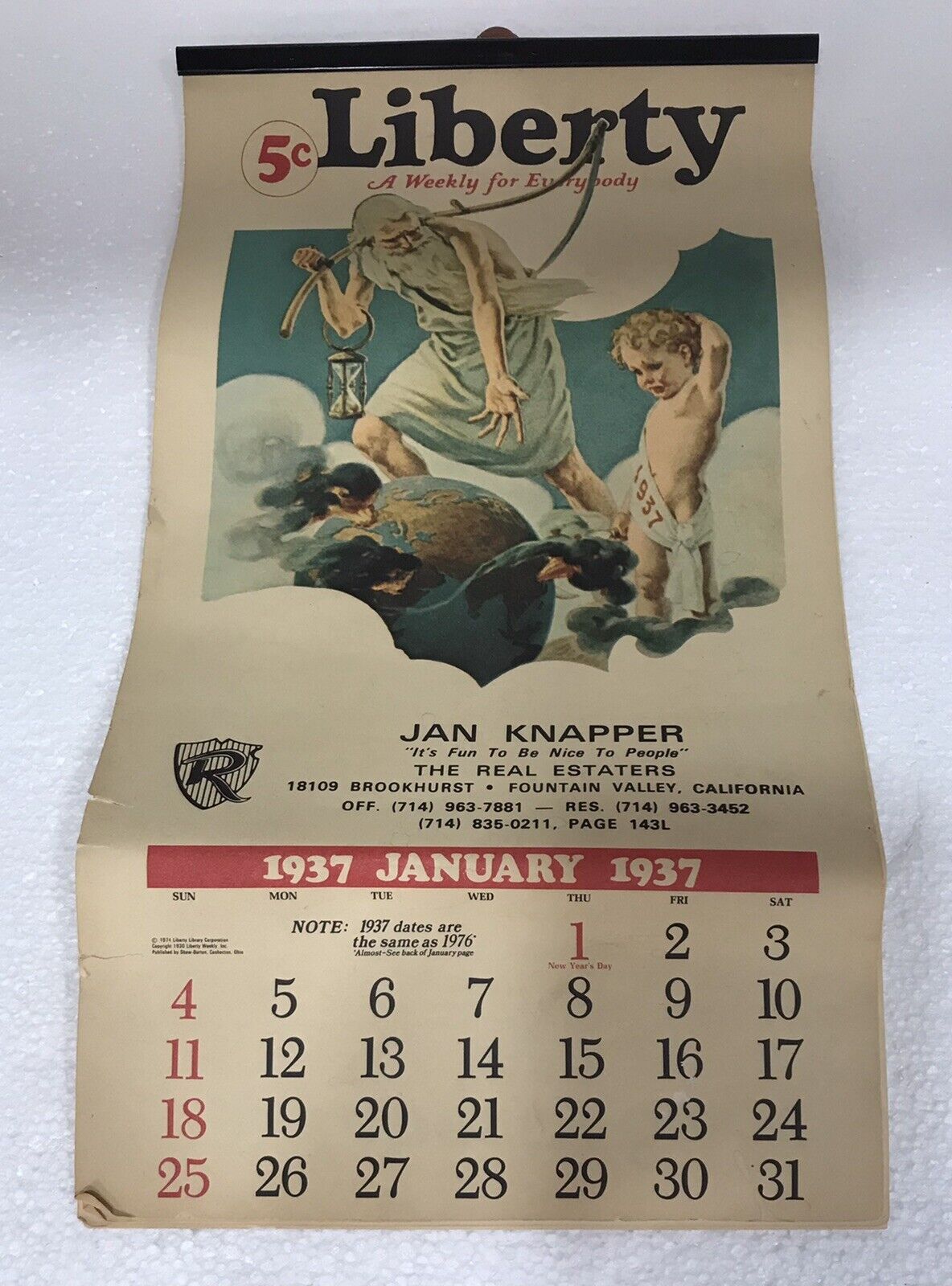 Vintage Reproduction 1937 Liberty Weekly Calendar 