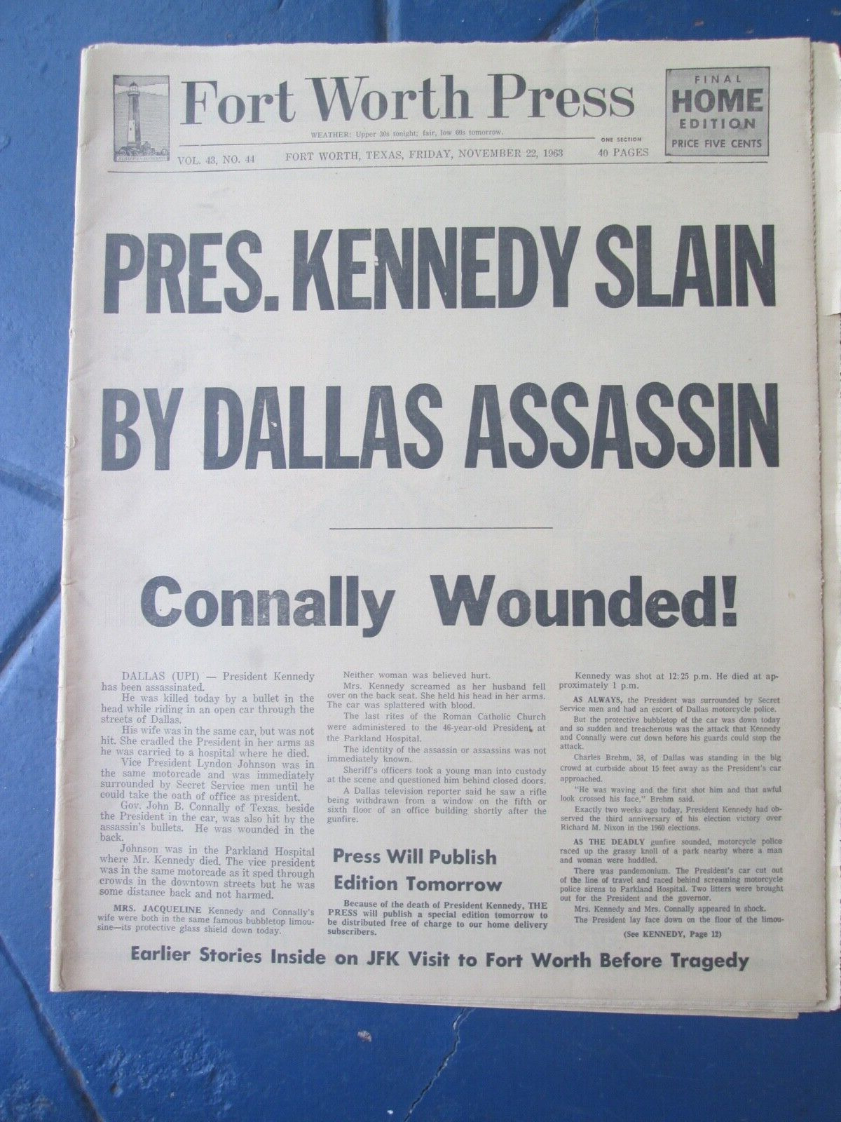 JFK Assassination  November 22 1963  Fort Worth Press  FINAL EDITION