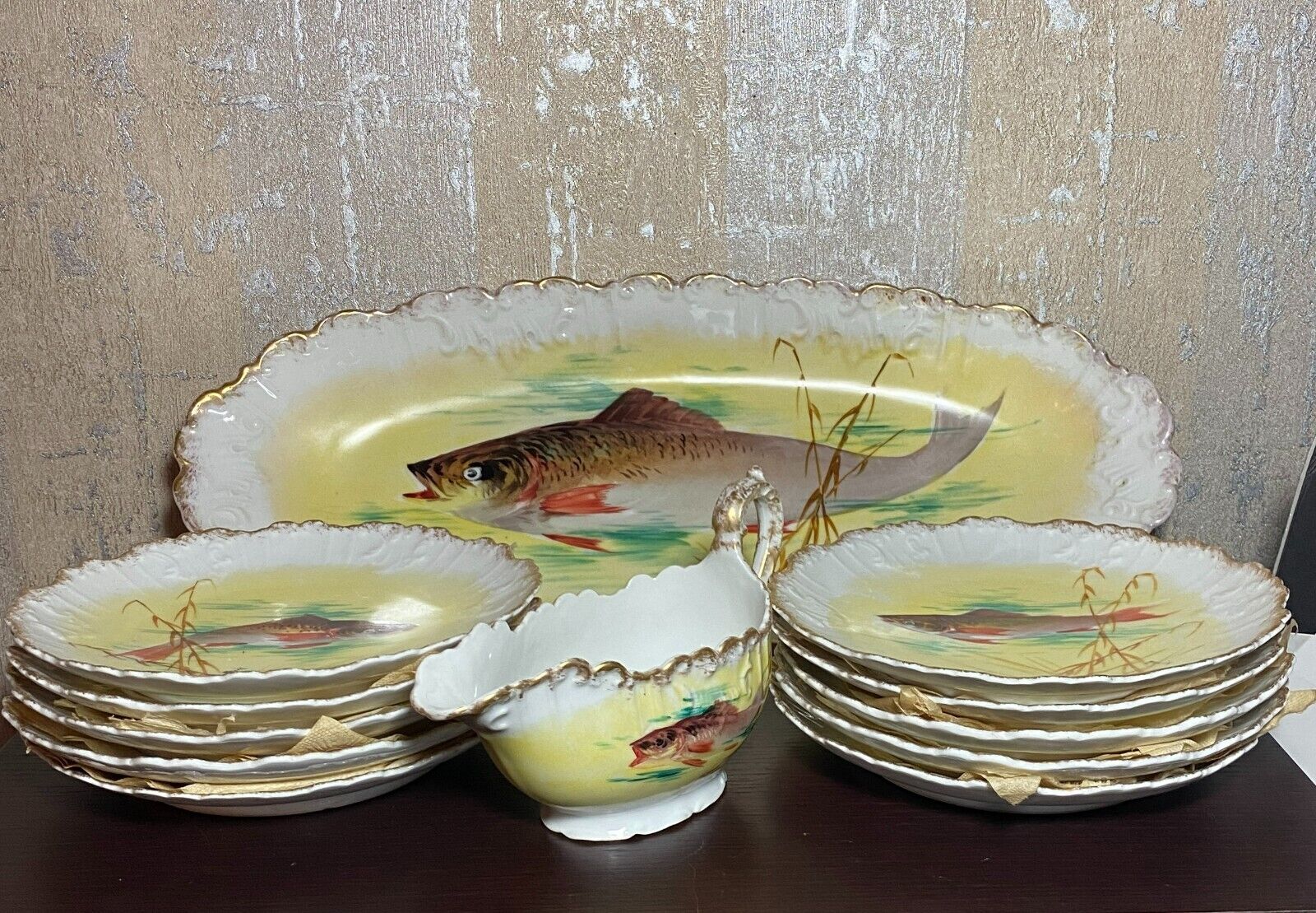 Limoges Hand Painted Vintage Fish Set of 12 Pieces Sign