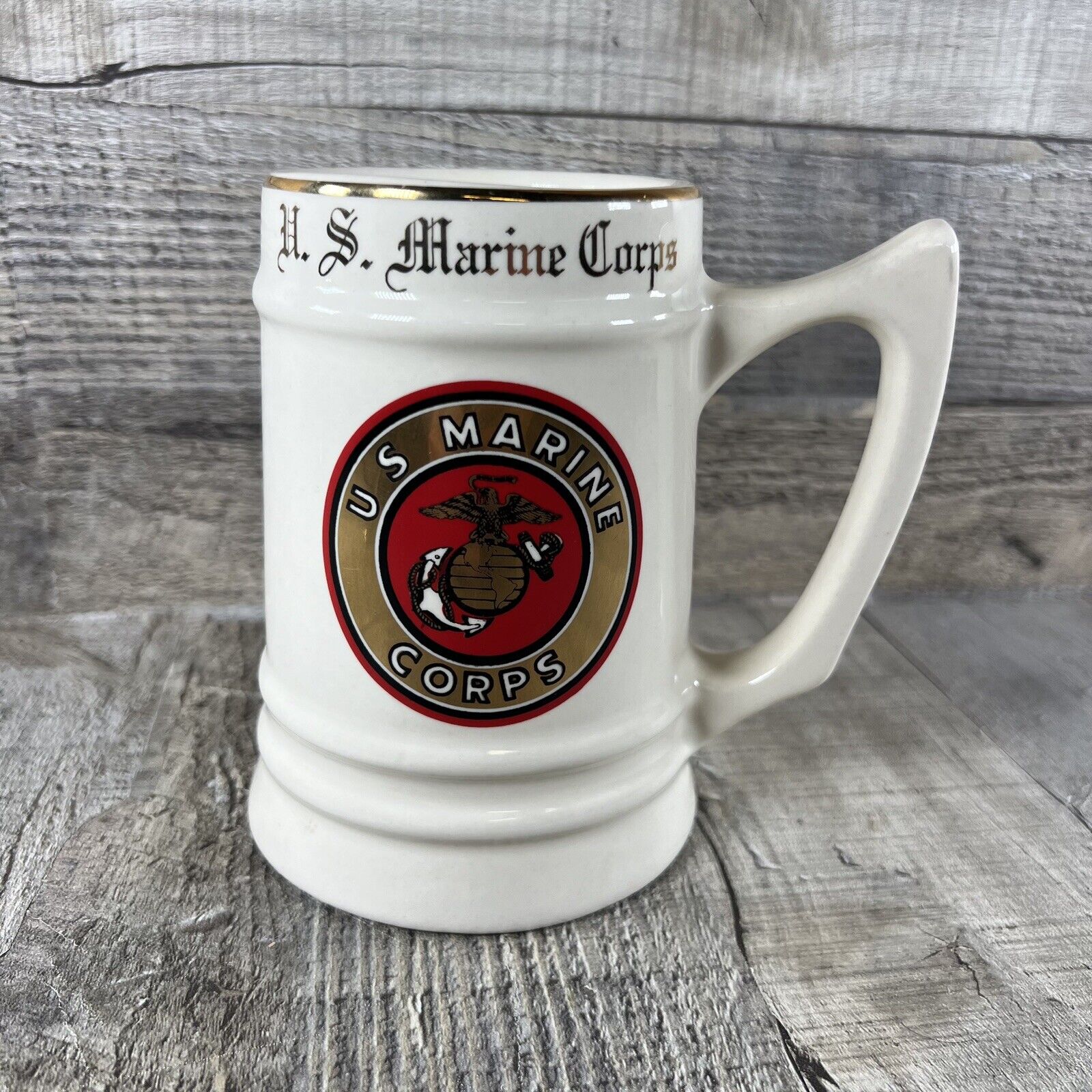 Vintage ATCO USMC Logo Marine Corps Ceramic Beer Stein Mug Gold Trim Made in USA
