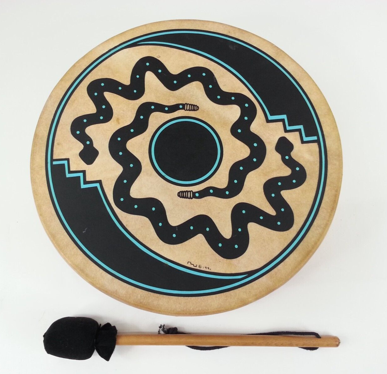 Signed Artisan Native All One Tribe Vtg 1991 New Mexico Ceremonial Drum & Mallet