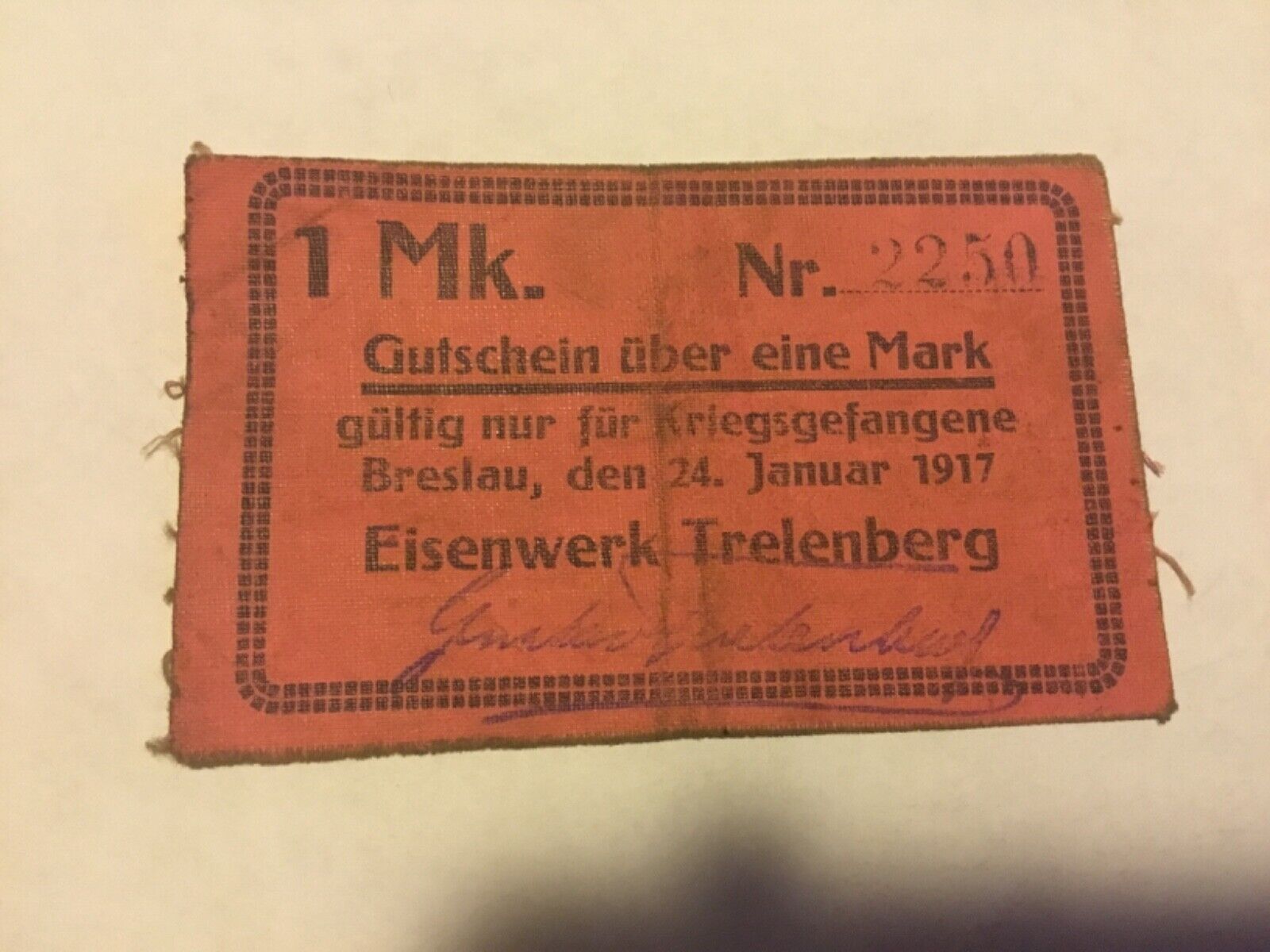 XXX RARE POW WW1 1917 Germany Banknote 1 MARK EISENWERK TRELENBERG Bill German 
