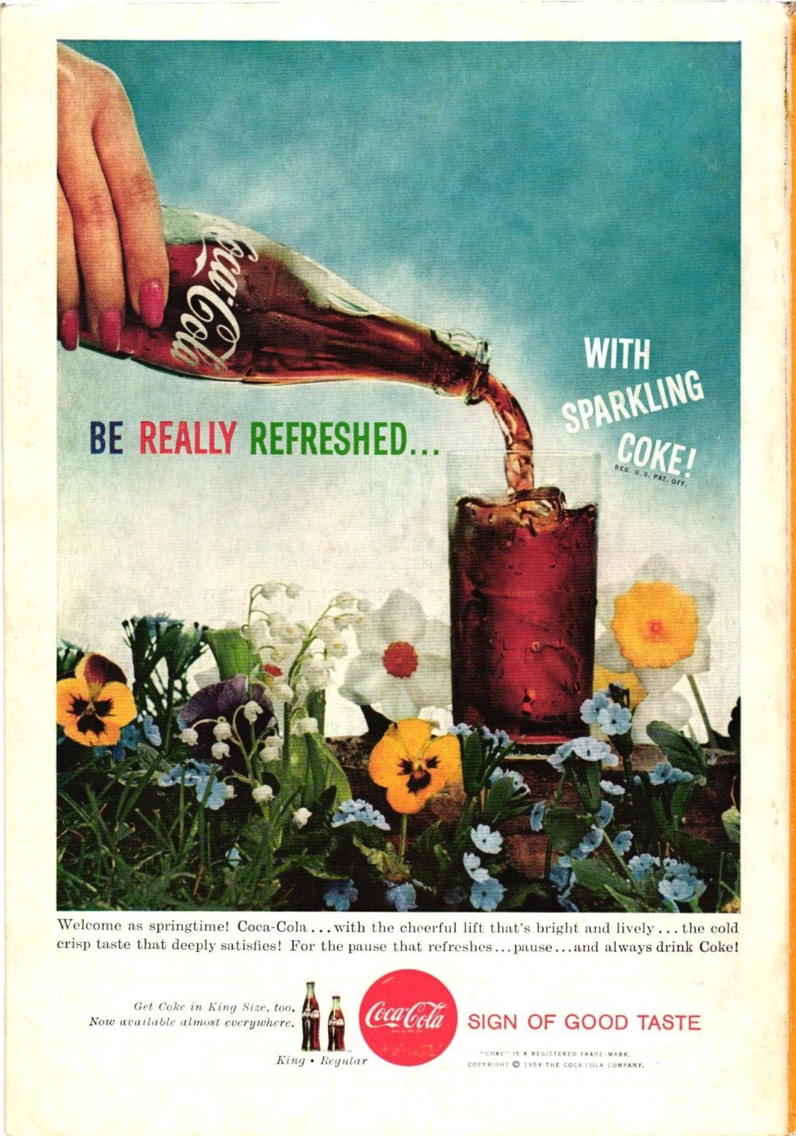 1959 Coca Cola Print Ad BE REALLY REFRESHED Coke in Flower Garden Vintage