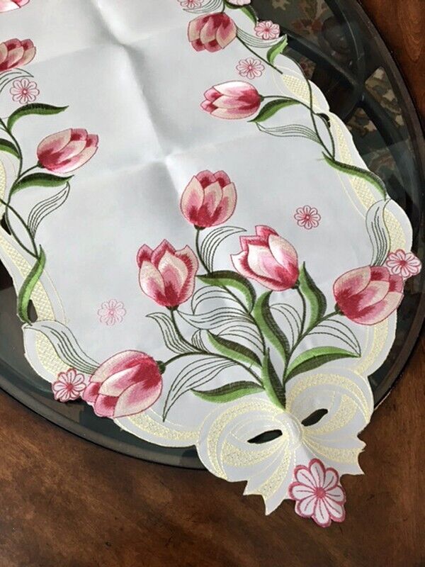 Spring Table Runner Pink Tulip Spring Dresser Scarf Doily Embroidered 59\