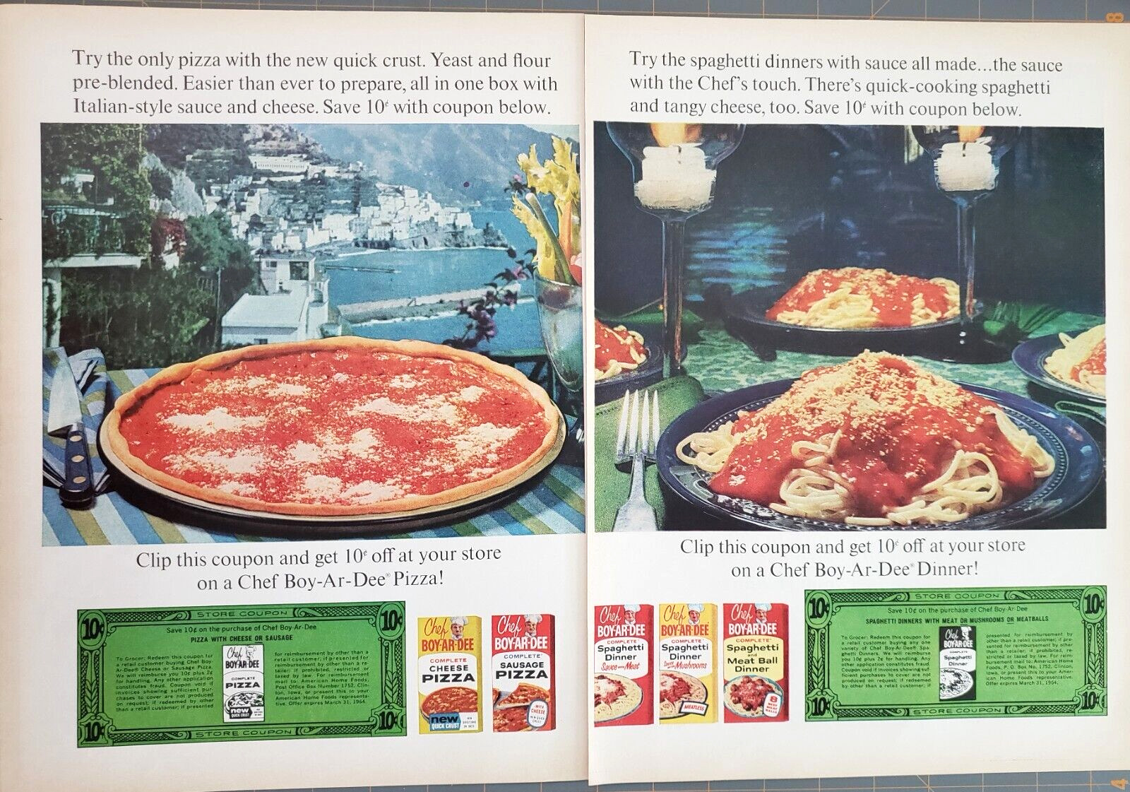 1963 Chef Boy-Ar-Dee Complete Pizza Mixes Cheese Or Sausage 2 Page Print Ad