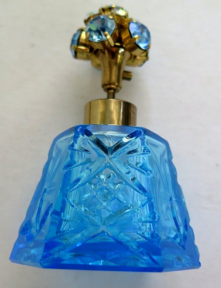 Vintage Blue Cut Glass Perfume Bottle Large Rhinestones Top Pump Style