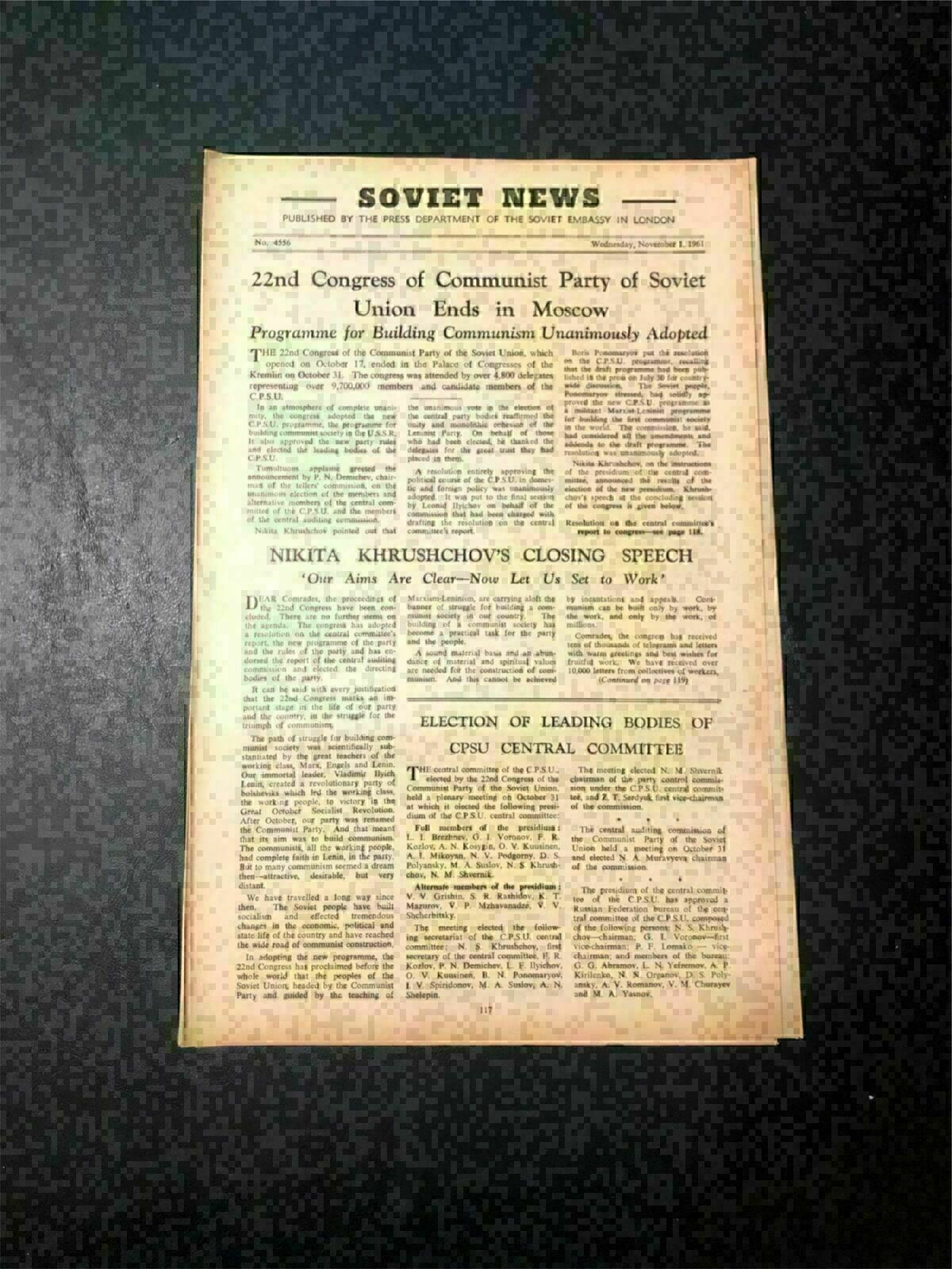 KL) USSR Soviet Weekly Newspaper 22nd CONGRESS OF COMMUNIST PARTY Nov 1 1961