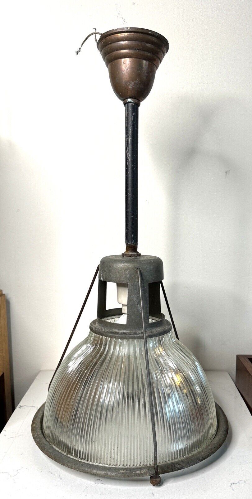 Vintage Holophane #685 14” Ribbed Glass Pendant Light Fixture MCM